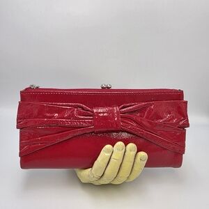 NEW HOBO Red Patent Leather Folding Kisslock Wallet With Bow Ebellished Front